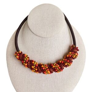 Beaded Statement Necklace Seed Bead Collar Necklace Adjustable Fall Colors 16 in
